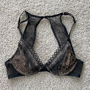 Victoria's Secret Very Sexy Unlined Plunge Bra 32B Black Nude Lace Mesh Floral